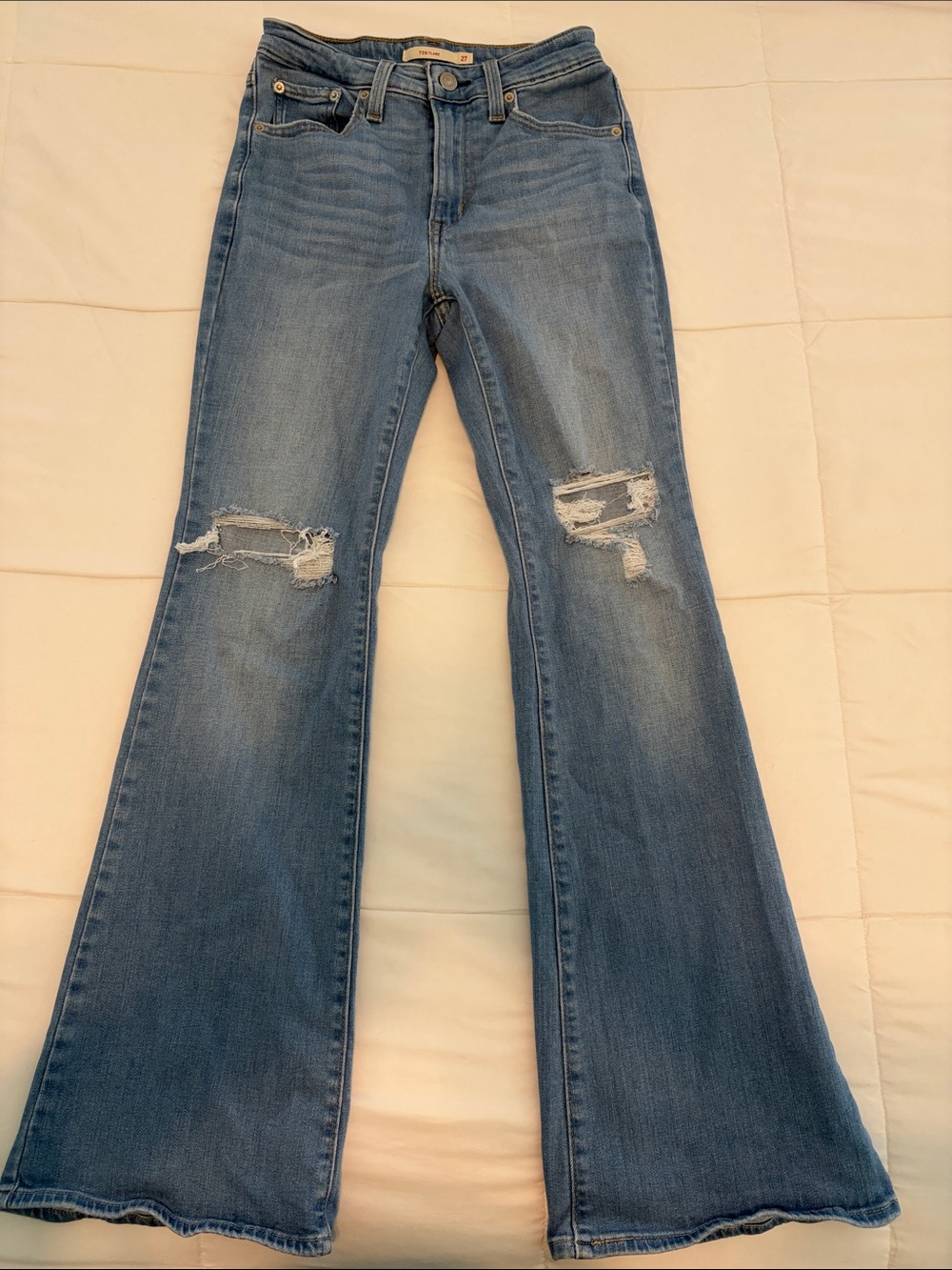 Women's Blue Distressed Flare Jeans - High-Rise Stretch